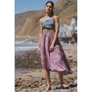 Anthropologie Cutout Smocked Midi Dress Size S Mixed Paisley Medallion Blue Pink